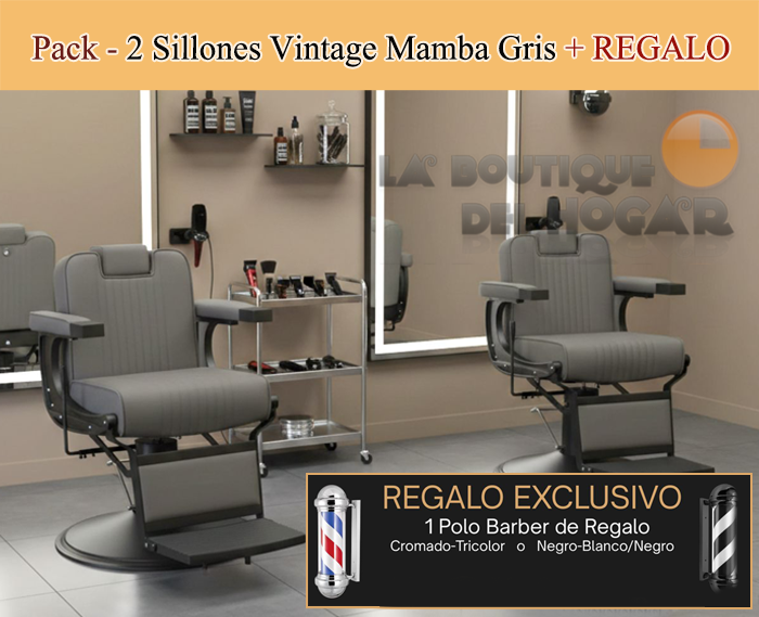 Pack - 2 Sillones Barbero Vintage Modelo Mamba Gris + Poste giratorio para Barbería a elegir de REGALO