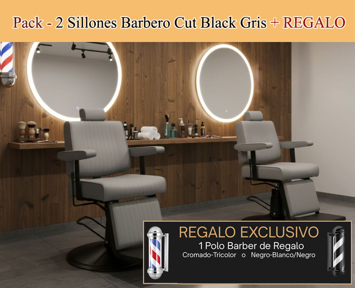 Pack - 2 Sillones Barbero Modelo Cut Black Gris + Poste giratorio para Barbería a elegir de REGALO