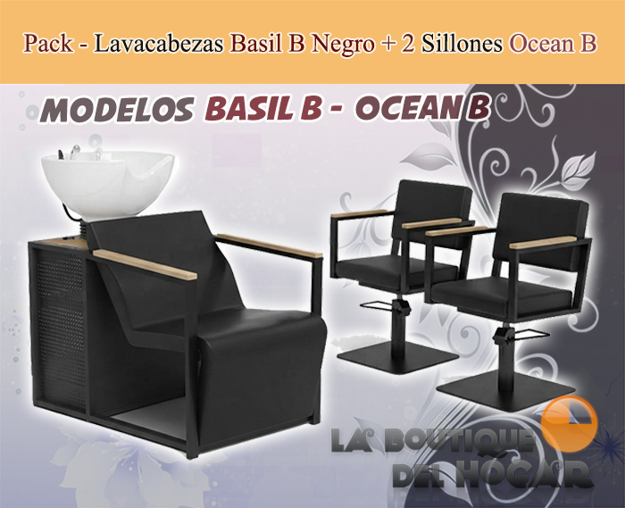 Pack - 1 Lavacabezas Con Pica a elegir Basil B Negro + 2 Sillones De Corte Ocean B Negros