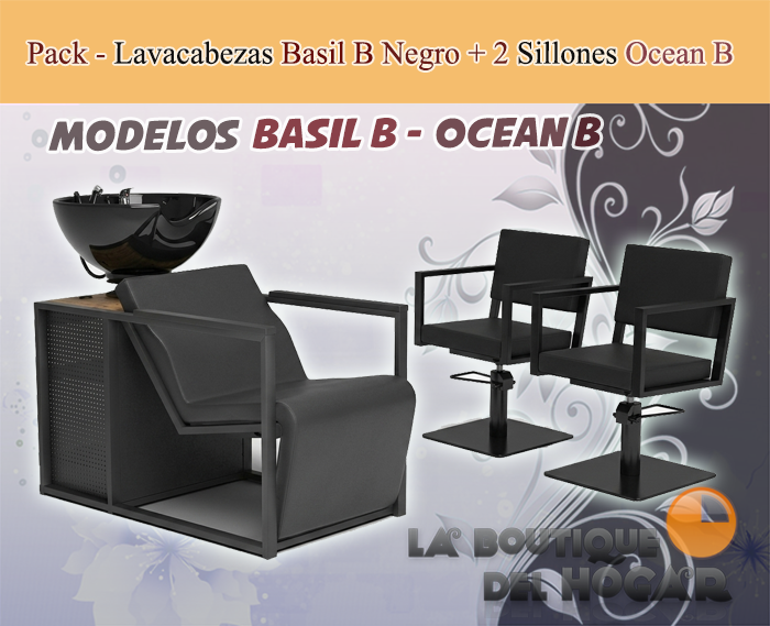 Pack - 1 Lavacabezas Con Pica a elegir Basil B Negro + 2 Sillones De Corte Ocean B Negros