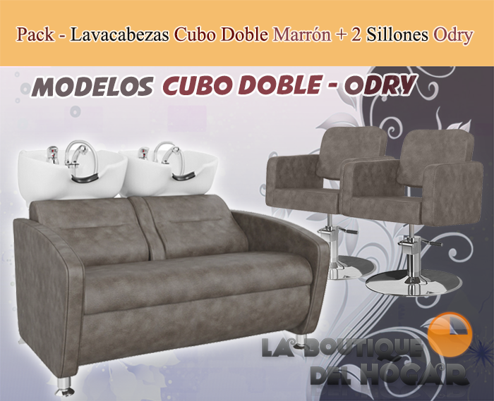 Pack - 1 Lavacabezas Cubo Doble + 2 Sillones De Corte Odry marrón