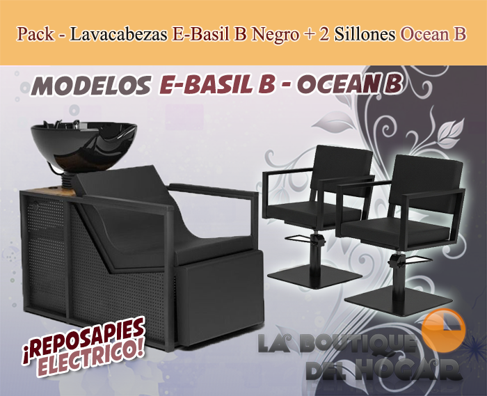 Pack - 1 Lavacabezas Con Pica a elegir Basil B Negro + 2 Sillones De Corte Ocean B Negros