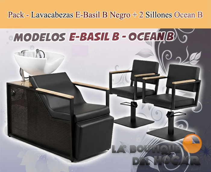 Pack - 1 Lavacabezas Con Pica a elegir Basil B Negro + 2 Sillones De Corte Ocean B Negros