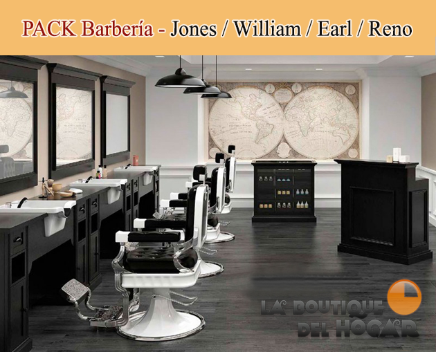 Pack - Sillón Jones / Tocador William 3B / Recepcion Earl / Mueble expositor Reno