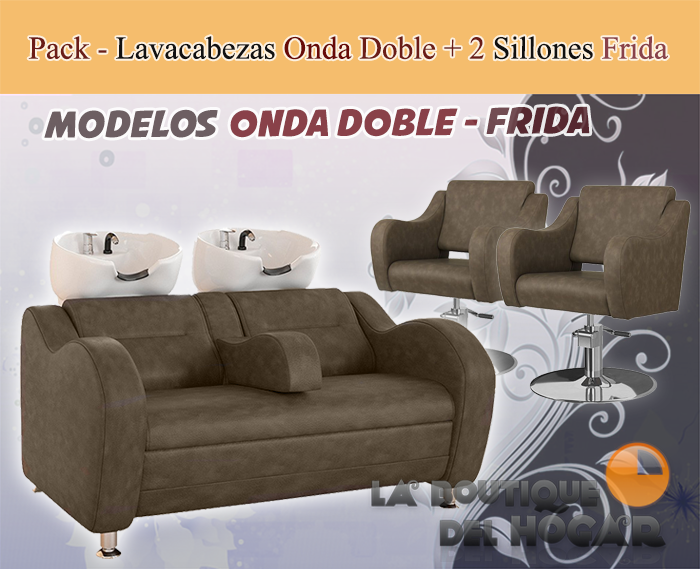 Pack - 1 Lavacabezas Con Pica Blanca Onda Doble + 2 Sillones De Corte Frida Marrón grisáceo