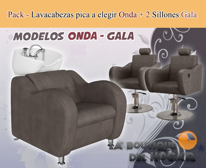 Pack - 1 Lavacabezas Con Pica Blanca Onda  + 2 Sillones De Corte Gala Marrón Grisáceos