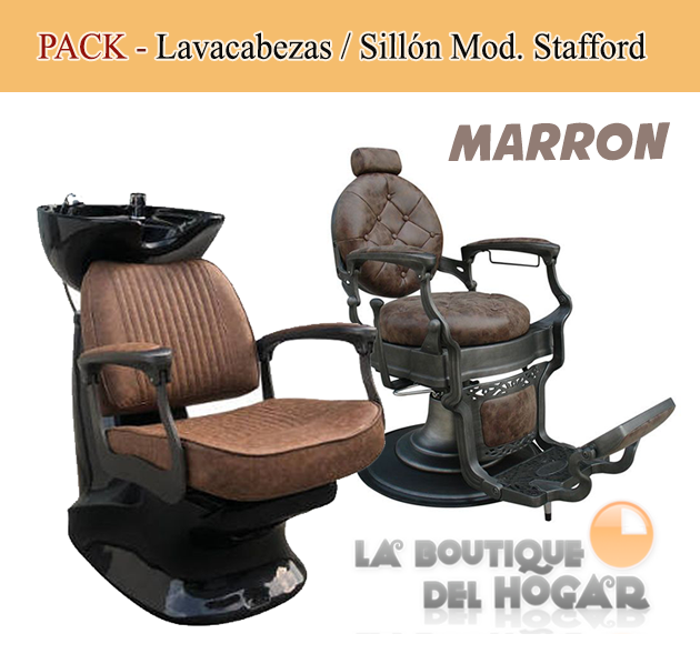 Pack - Lavacabezas con reposabrazos y pica negra / Sillón de Barbero Vintage Modelo Stafford Marrón