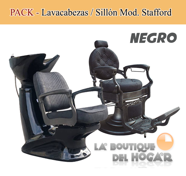 Pack - Lavacabezas con reposabrazos y pica negra / Sillón de Barbero Vintage Modelo Stafford Negro