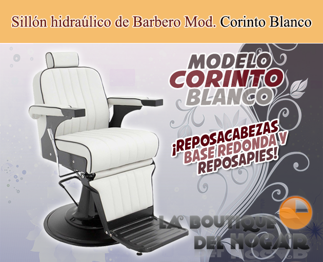 Sillón Barbero hidráulico reclinable y giratorio con reposabrazos Modelo Corinto Blanco