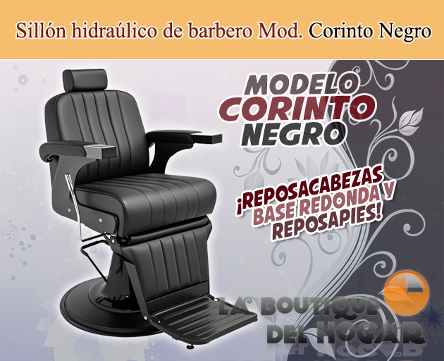 Sillón Barbero hidráulico reclinable y giratorio con reposabrazos Modelo Corinto Negro