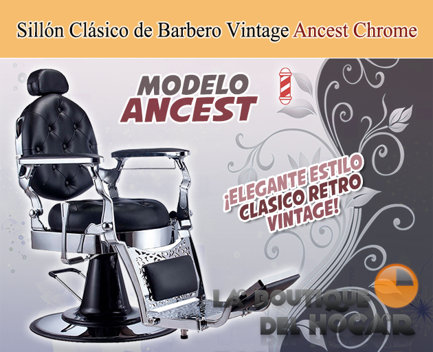 Sillón Clásico de Barbero hidráulico estilo Retro Vintage con reposapies integrado Modelo Ancest Chrome