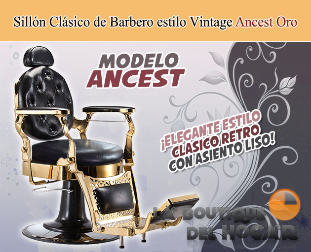 Sillón Clásico de Barbero hidráulico estilo Retro Vintage con reposapies integrado Modelo Ancest Oro