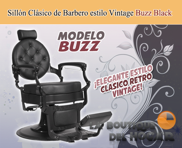 Sillón Clásico de Barbero estilo Retro Vintage con reposapies integrado Modelo Buzz Black Negro