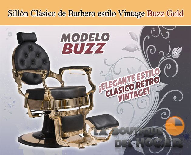 Sillón Clásico de Barbero estilo Retro Vintage con reposapies integrado Modelo Buzz Gold Negro