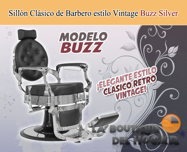 Sillón Clásico de Barbero estilo Retro Vintage con reposapies integrado Modelo Buzz Silver Negro