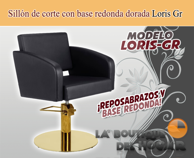 Sillón hidráulico de corte con base redonda dorada y reposabrazos Modelo Loris GR