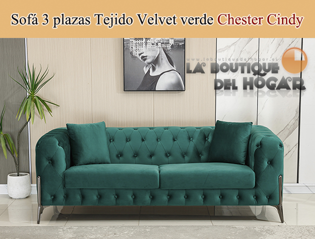 Sofá de diseño de 3 plazas Tejido Velvet verde Modelo Chester Cindy