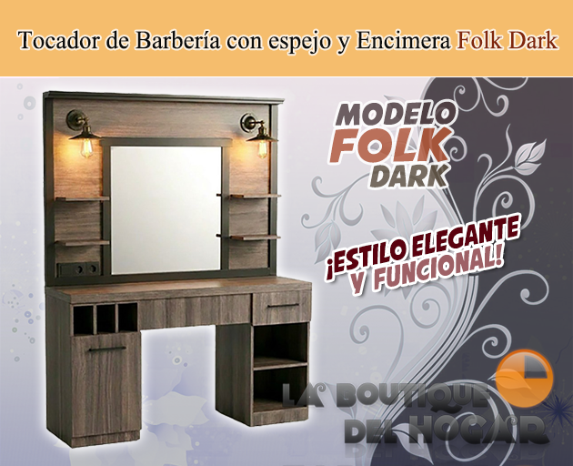 Tocador de Barbería Vintage con espejo y Encimera Modelo Folk Dark