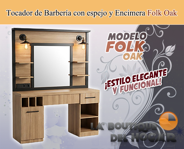 Tocador de Barbería Vintage con espejo y Encimera Modelo Folk Oak