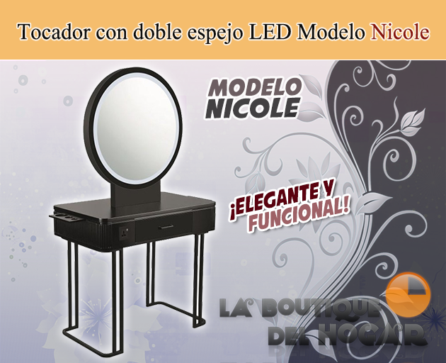 Tocador de Peluquería con doble espejo LED y estructura metálica negra Modelo Nicole