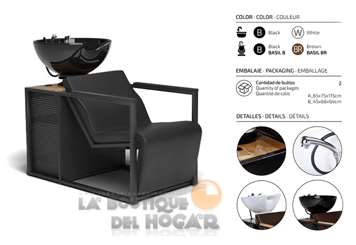 Lavacabezas de madera y metal con pica negra y espacio de almacenaje Modelo Basil