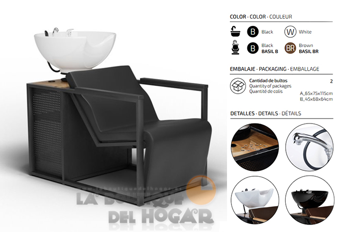 Lavacabezas de madera y metal con pica blanca y espacio de almacenaje Modelo Basil