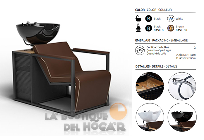 Lavacabezas de madera y metal con pica negra y espacio de almacenaje Modelo Basil