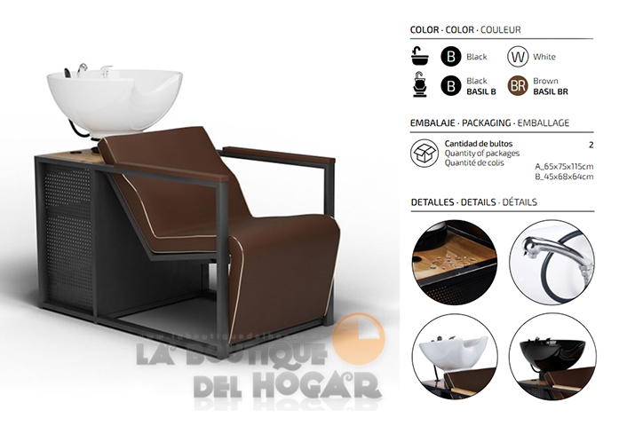 Lavacabezas de madera y metal con pica blanca y espacio de almacenaje Modelo Basil