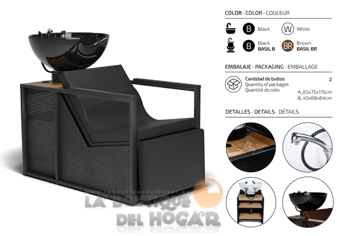 Lavacabezas de madera y metal con pica negra y Reposapiés eléctrico Modelo E-Basil B-W Negro