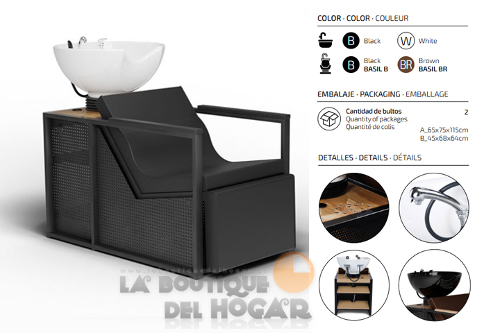 Lavacabezas de madera y metal con pica blanca y Reposapiés eléctrico Modelo E-Basil B-W Negro