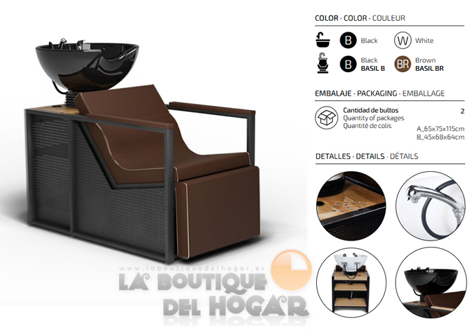 Lavacabezas de madera y metal con pica negra y Reposapiés eléctrico Modelo E-Basil BR-W Marrón