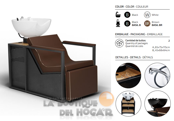 Lavacabezas de madera y metal con pica blanca y Reposapiés eléctrico Modelo E-Basil BR-W Marrón