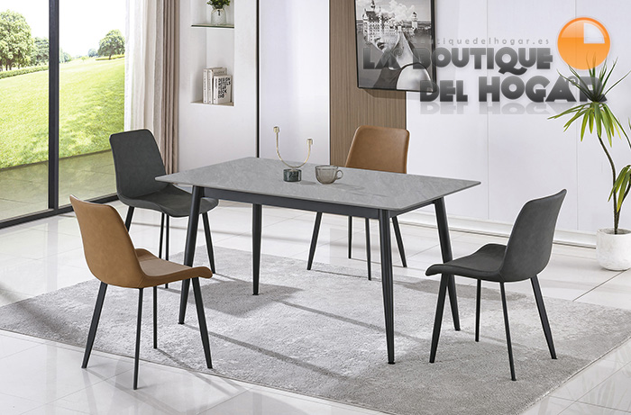 Mesa de comedor fija con patas metálicas y tablero Ceramic Gris Modelo Berna 140x80