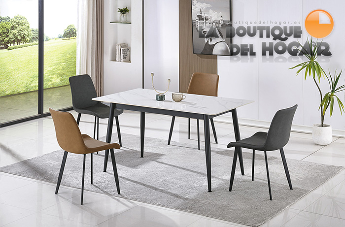 Mesa de comedor fija con patas metálicas y tablero Ceramic Blanca Modelo Berna 140x80