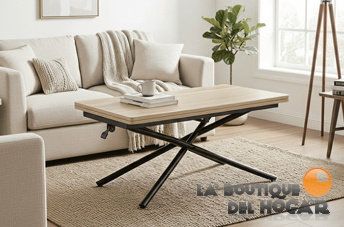Mesa de centro elevable negra con patas metálicas y tablero Oak Modelo Katy