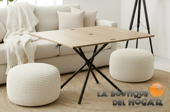 Mesa de centro elevable negra con patas metálicas y tablero Oak Modelo Katy