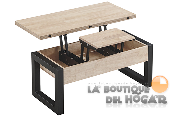 Mesa de centro elevable negra con patas metálicas y tablero de Roble Nordish Modelo Loft Advance