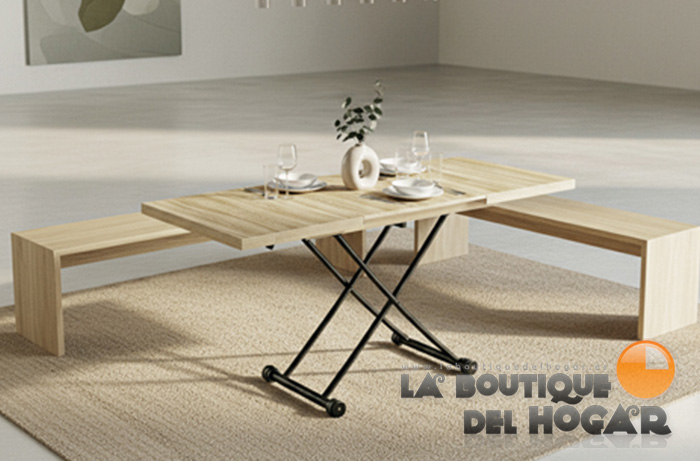 Mesa de centro elevable negra con patas metálicas y tablero Oak Modelo Taylor