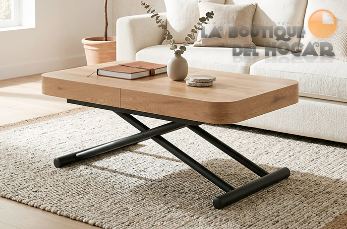 Mesa de centro elevable negra con patas metálicas y tablero Oak Modelo Turín
