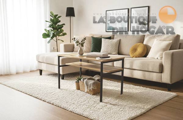 Mesa de centro fija negra con patas metálicas y tablero Oak Modelo Deck