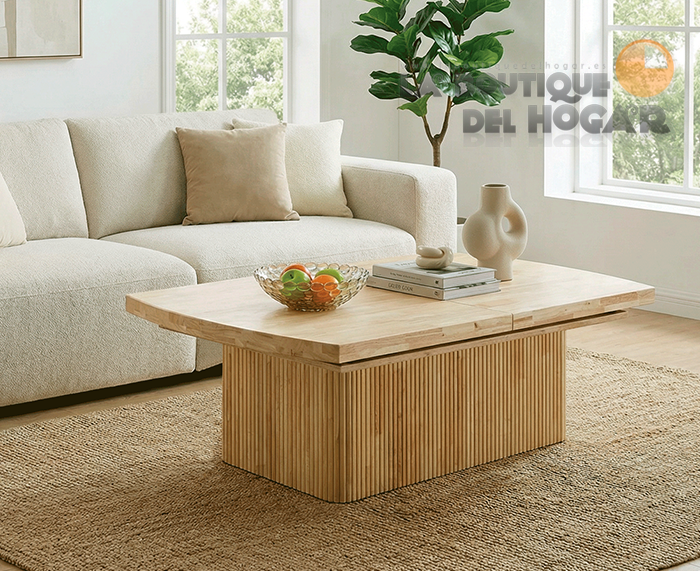 Mesa de centro elevable motorizada y extensible con pata central en palillería y tablero Roble Nordish Modelo Michelle 120x80