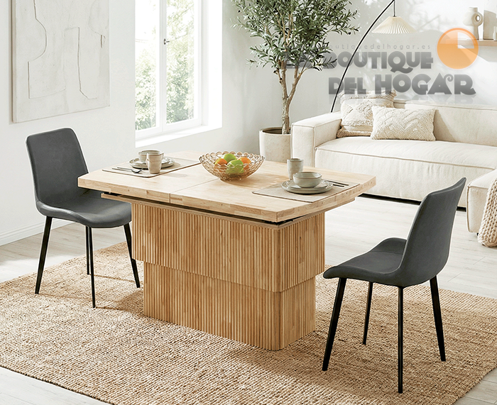 Mesa de centro elevable motorizada y extensible con pata central en palillería y tablero Roble Nordish Modelo Michelle 120x80
