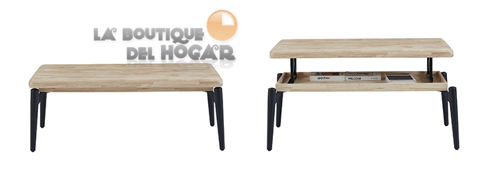 Mesa de centro elevable negra con patas metálicas y tablero de Roble Nordish Modelo Moon