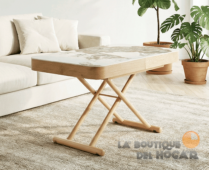 Mesa de centro elevable negra con patas metálicas y tablero Oak Modelo Turín