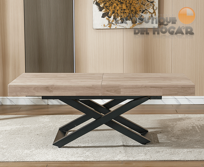 Mesa de comedor extensible negra con patas metálicas y tablero de Roble Honey Modelo Troya