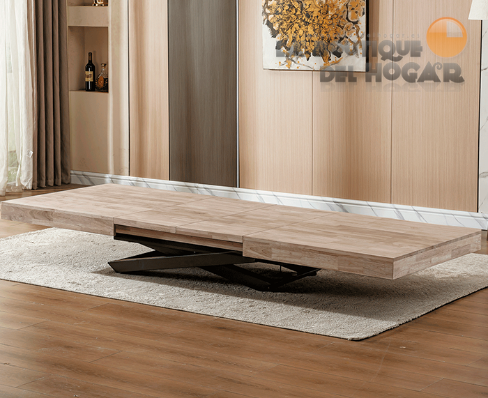 Mesa de comedor extensible negra con patas metálicas y tablero de Roble Honey Modelo Troya