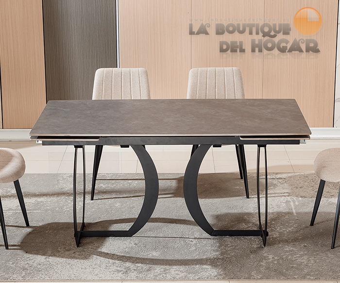 Mesa de comedor extensible negra con patas metálicas y tablero ceramic gres gris Modelo Venezia 160x90