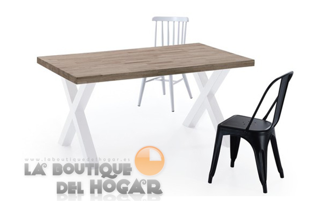 Mesa de comedor fija blanca con patas metálicas y tablero de Roble Modelo X-Loft 160