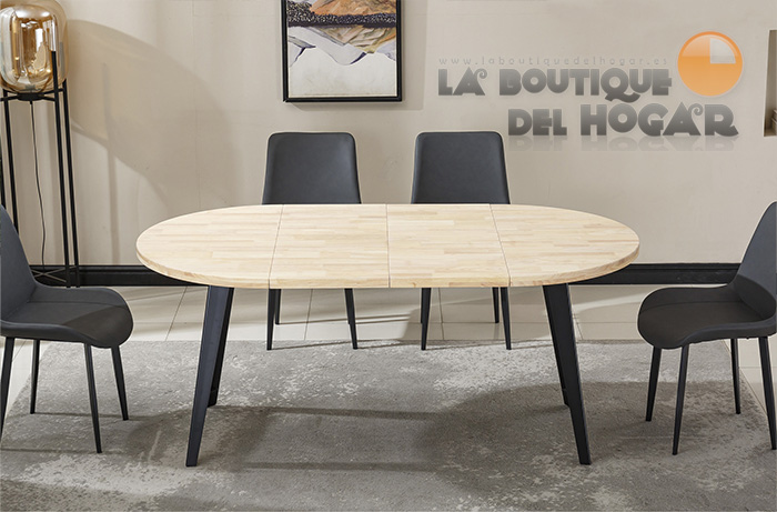 Mesa de comedor extensible negra con patas metálicas y tablero de Roble Nordish Modelo Berg-E