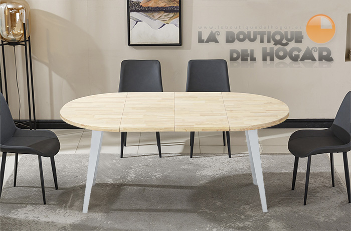 Mesa de comedor fija blanca con patas metálicas y tablero de Roble Nordish Modelo Berg-E